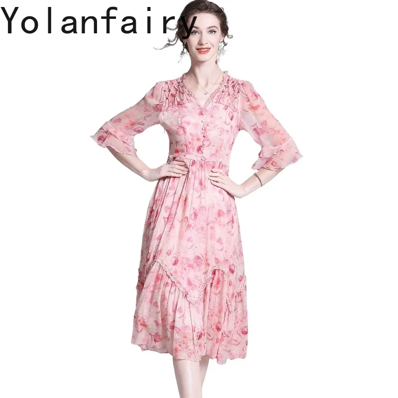 

YOLANFAIRY 60% Linen 40% Mulberry Silk Dress Summer 2026 Woman Clothes Unique Floral Dress Luxury Elegant Birthday Dress Pink