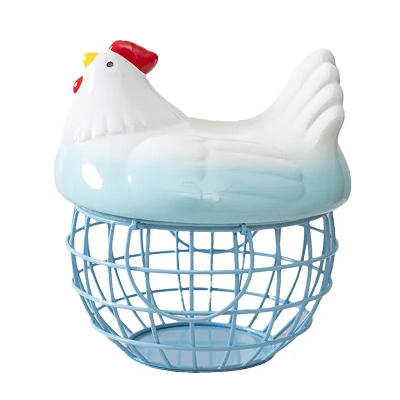 

Kitchen Egg Collecting Basket Ceramic Chicken Shape Lid Organizer Kitchen Basket Metal Wire Egg Holder Storage Baskets For Home