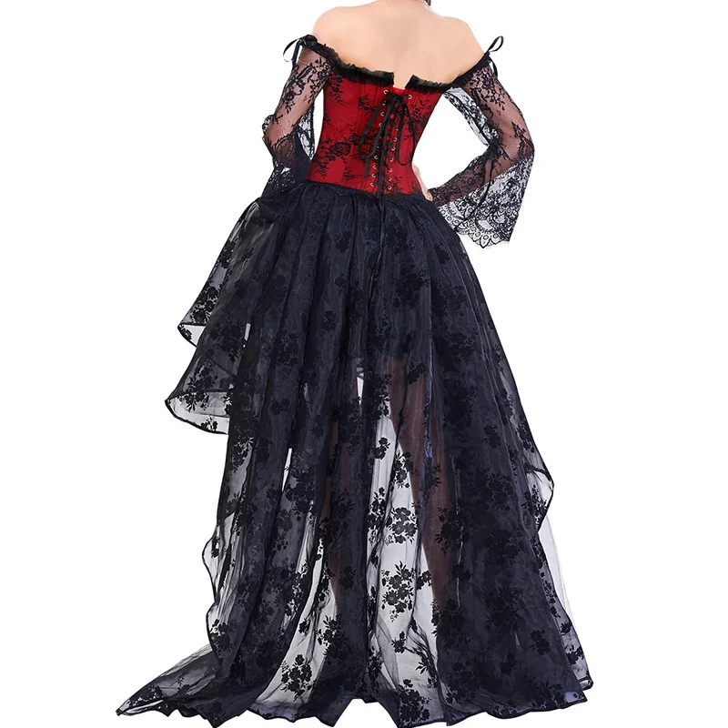 Steampunk Corset Dress Bustier Gothic Corselet Sexy Black Red Corset Clothing Women Lace Off Shoulder Floral Party Long Dresses