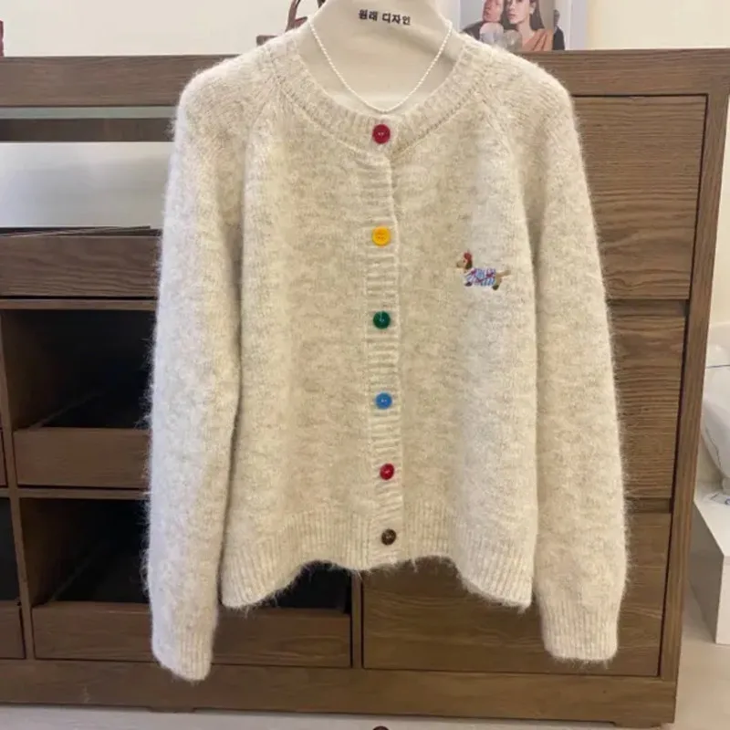 Women's Clothing New 2024 Autumn Cartoon Embroidery Colorful Buttons Knitted Cardigan Jacket Ageing Hundred Sweater Top