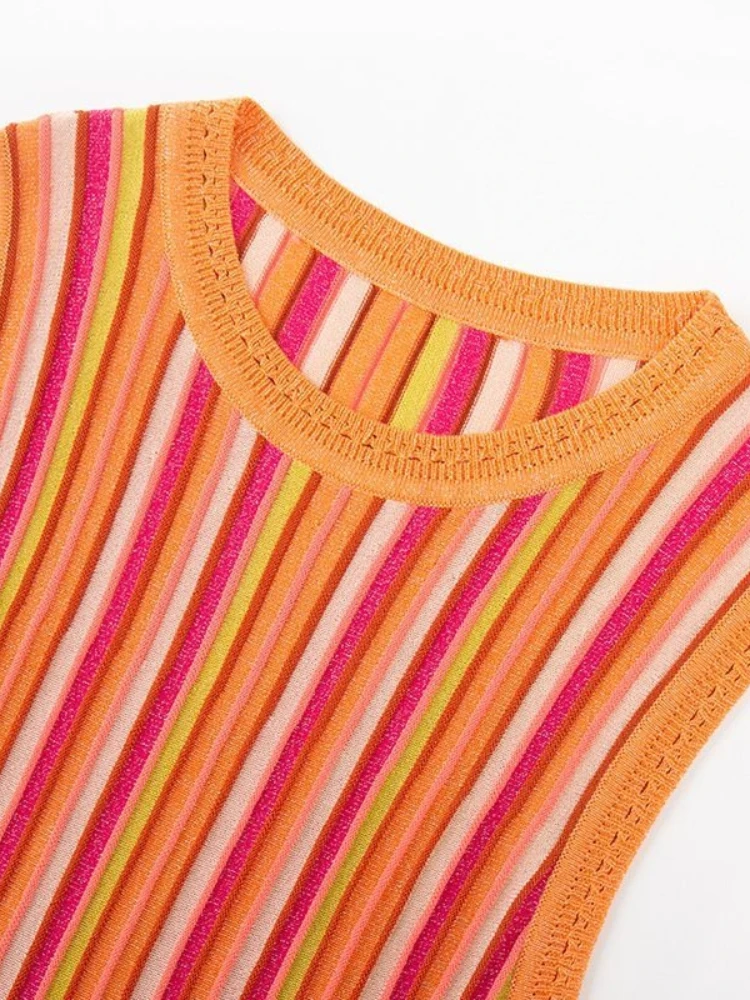 Cross-border Foreign Trade High-end Summer Elegant Lady Crew Neck Sleeveless Slim Fit Medium and Long Striped Knitted Dress