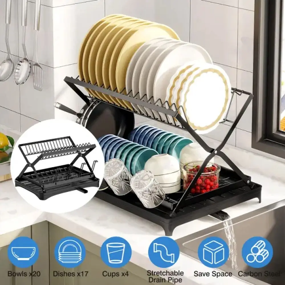 

2 Tier Dish Drying Rack with Cup Holder Foldable Dish Drainer Shelf for Kitchen Countertop Rustproof Utensil Holder with Drainbo