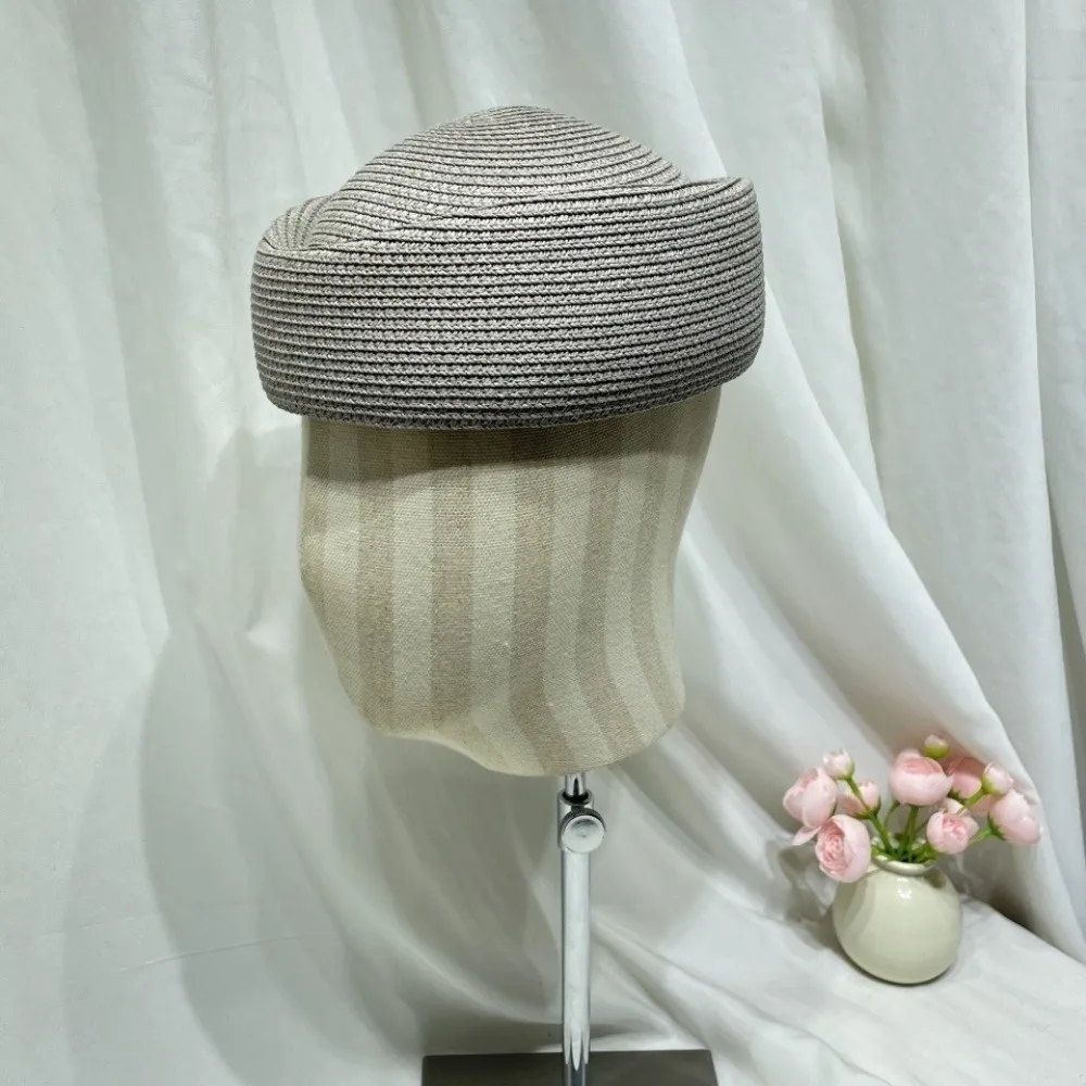 

New Elegant Straw Beret Hat Teardrop Handmade Flight Attendant Hat Simple Classic Vintage Sun Hat Airline Uniform