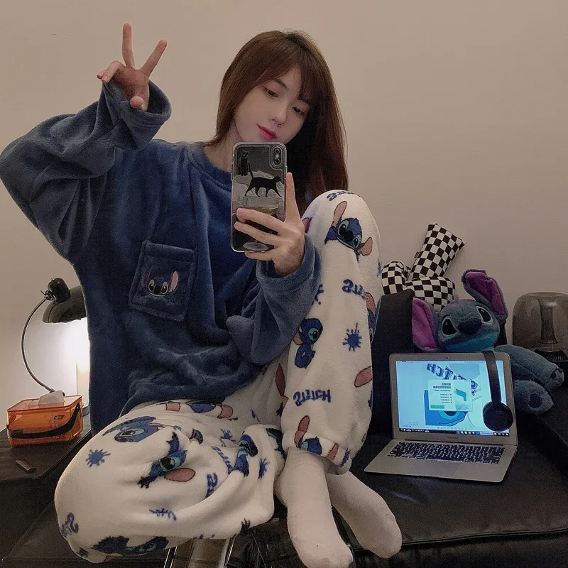 Disney pajamas new cartoon round neck long-sleeved trousers  two-piece set sleepwear Stitch loungewear women's pajamas 란제리