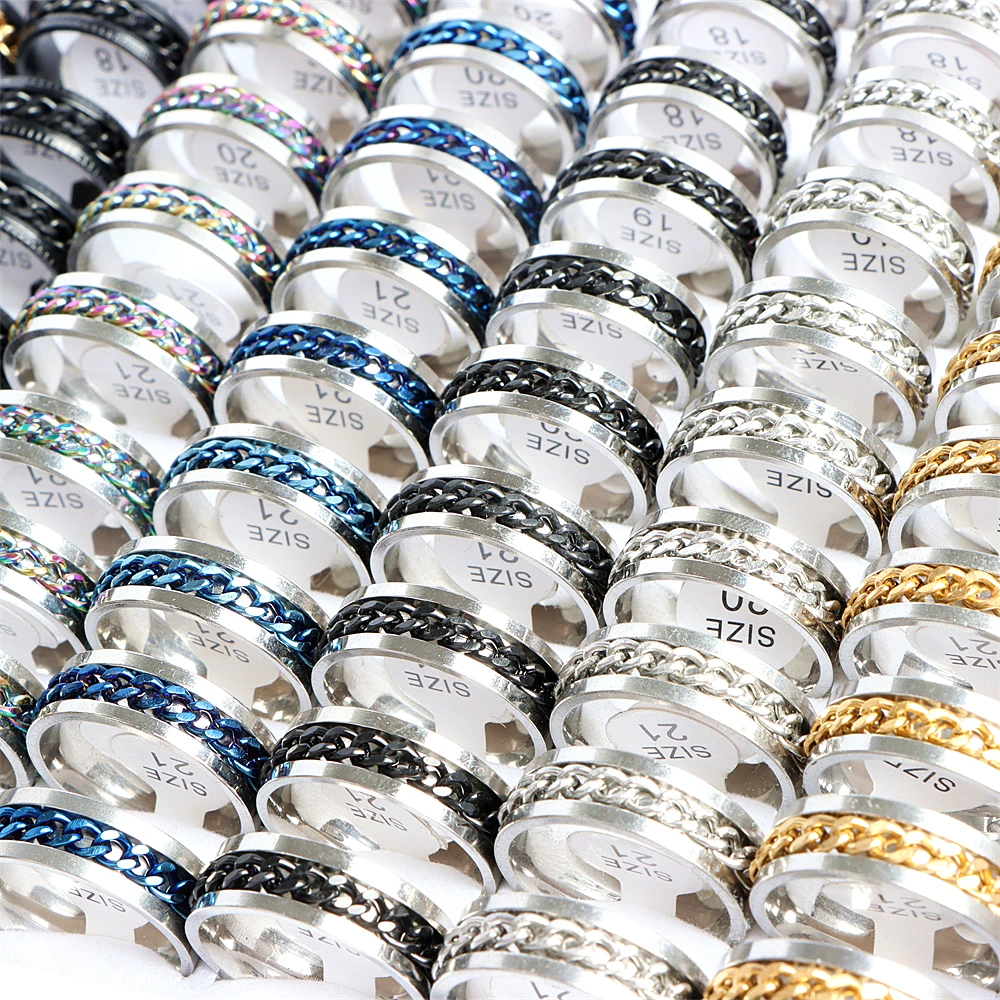 Pack of 10/30pcs Men\'s Spinner Chain Cool Stainless Steel Rings Tire Texture Rotatable Links Male Jewelry For Women
