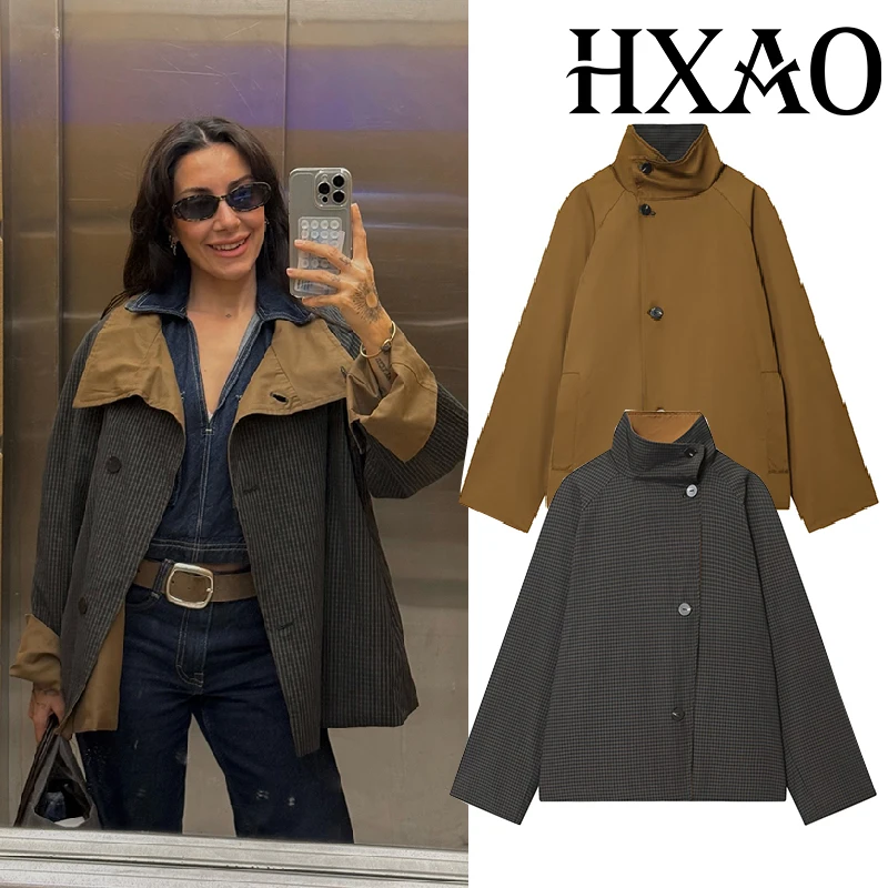 

HXAO женский плащ, демисезонный укороченный ветрозащитный плащ, новые пальто, двусторонние свободные куртки, пальто, верхняя одежда с высоким воротником
