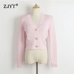 ZJYT Autumn Winter Single Breasted Buttons Cardigan Sweaters for Women V Neck Knitted Tops Pink Jersey Mujer Fashion 2024 New