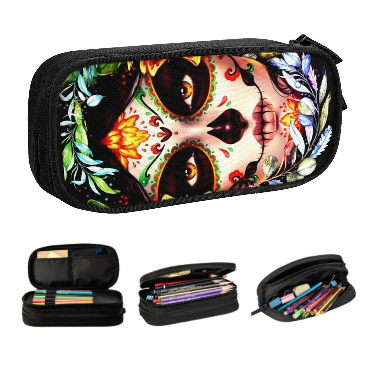Custom Korean Halloween Catrina Sugar Skull Pencil Cases for Day Of The Dead Mexican Lady Large Capacity Pen Bag Box School