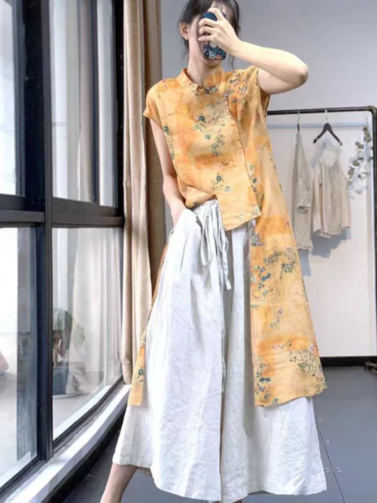 

Women's Svel Printed Cotton Linen irt Front ort Ba Long Casual New Chinese Sle Summer Top Faion Commute Sle...