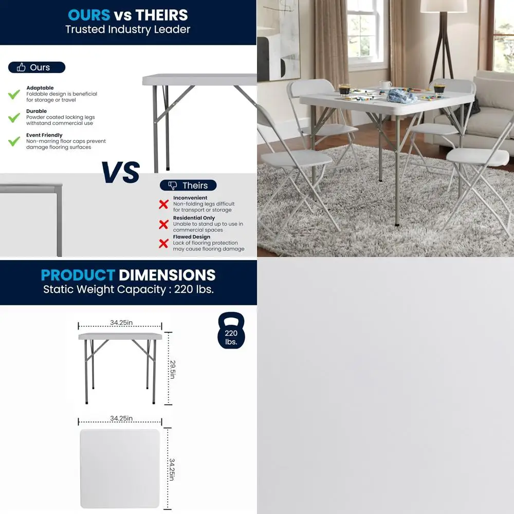 

Квадратный пластиковый складной стол Elon 2,85 фута с запирающимися ножками, подходит для всех случаев, для использования в помещении и на открытом воздухе, белый