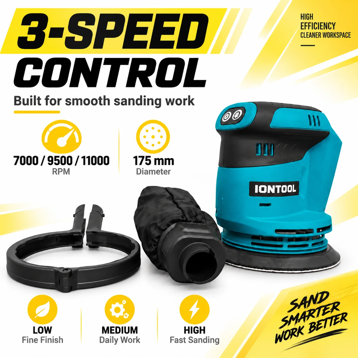 IONTOOL Ultra Lightweight Variable Speed Sander 175mm for Cabinet and Wood Door Sanding and Home Use Bare Unit