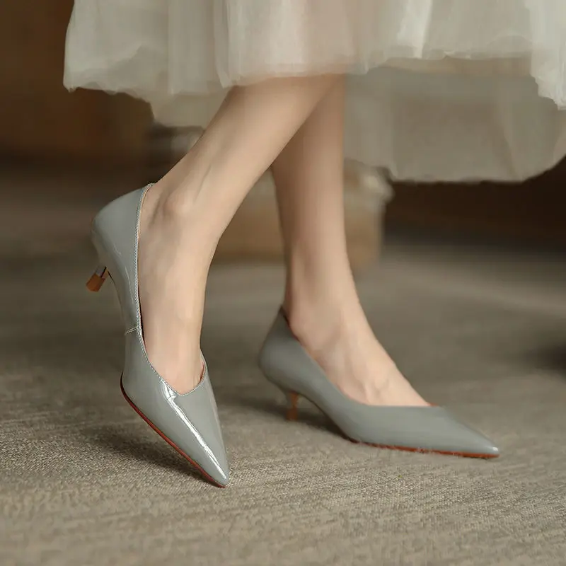 Patent Leather Pumps Women Stiletto Professional Shoes 2023 New Gray Pointed High Heels Mid-heel Women's Shoes