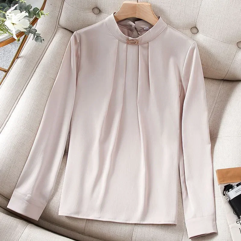 Solid Color Stand Up Collar Chiffon Shirt for Women Spring Autumn New Western Style Professional Shirt Long Sleeved High-end Top