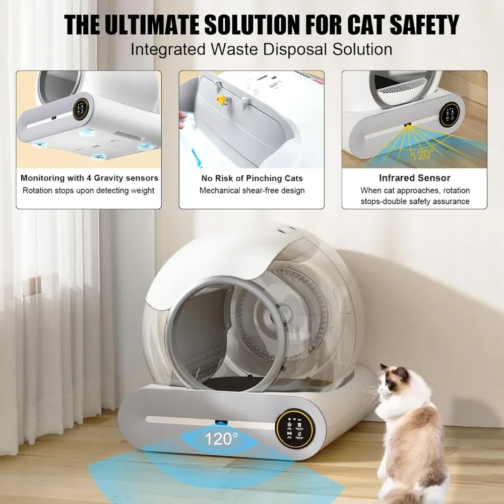 65L/9L Large Capacity Self-Cleaning Cat Litter Box for Multiple Cats, Automatic with App Control,  Includes Garbage Bag (White)