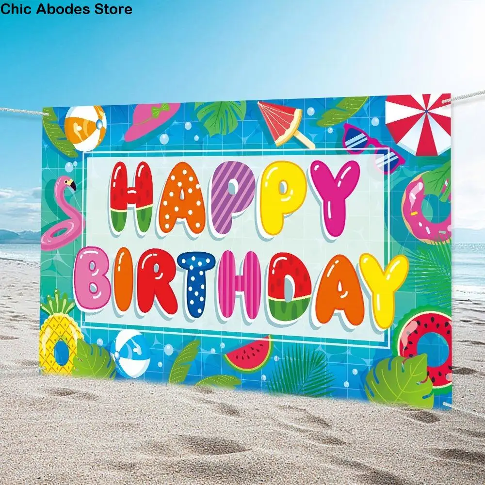 

Tropical Theme Summer Pool Party Backdrop Lifebuoy Balloon Pineapple Ball Beach Photography Background Vibrant Colors