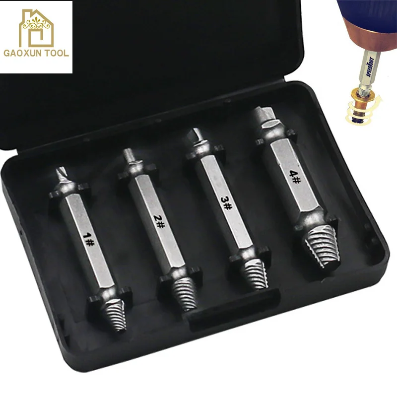 GAOXUN 4pcs Damaged Screw Extractor Drill Bits Guide Set Broken Speed Out Easy out Bolt Stud Stripped Screw Remover Tool