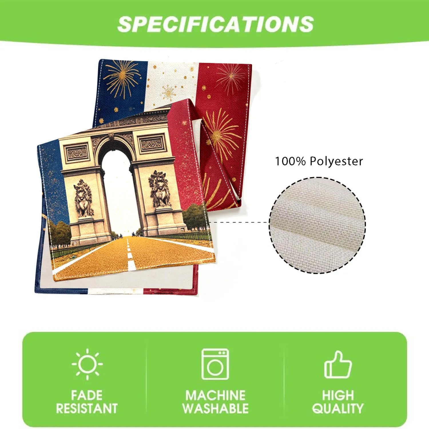 قطعة واحدة من مفرش طاولة تحت عنوان الاحتفال الفرنسي، عناصر العلم الفرنسي، أنماط قوس النصر والألعاب النارية، مناسبة لحفلات موضوع اليوم الوطني الفرنسي، ديكورات المناسبات على الطراز الرومانسي، أنشطة التبادل الثقافي، وأكشاك السوق الإبداعية، وأشكال المخصصة للثقافة الفرنسية