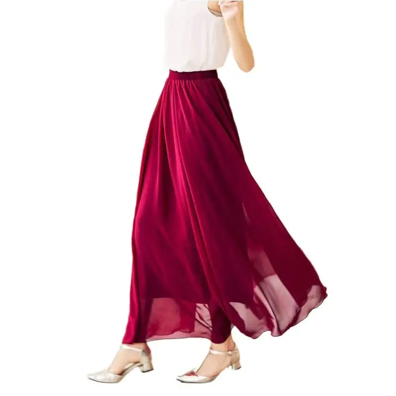 Women\'s Elegant High Waist Chiffon Skirt Elastic Waist Casual Long Maxi Skirts Saias 80/90/100cm 22 Color 2024 Summer Autumn New