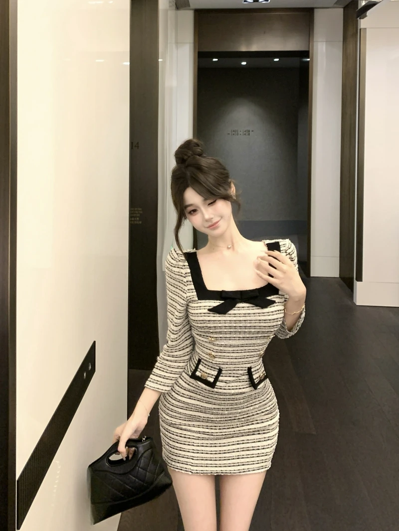 

KUSAHIKI Color Blocking Square Neck Long Sleeved Dress for Women Summer Slim Waist Vestidos Sexy Hip Hugging Short Dresses