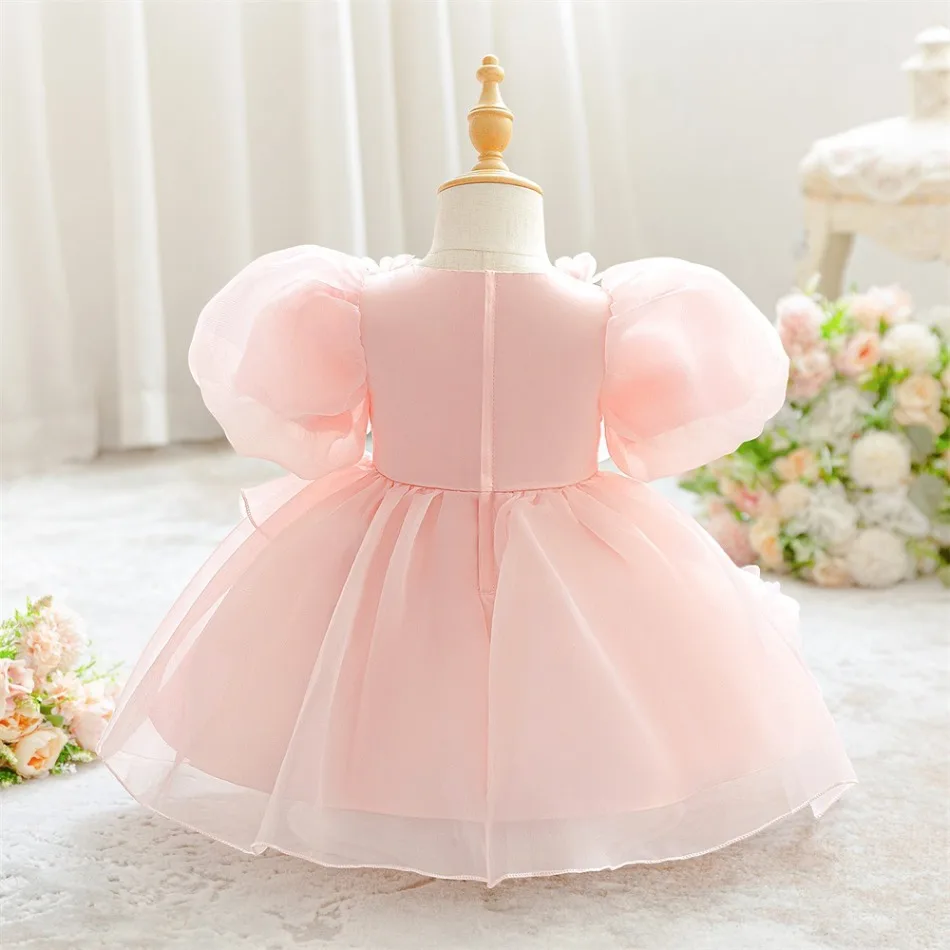 Pink 3D Floral Puff Sleeve Layered Tulle Princess Dress Cute Kids Girls Wedding Birthday Holiday Formal Pageant Costume ASQ03 view 3