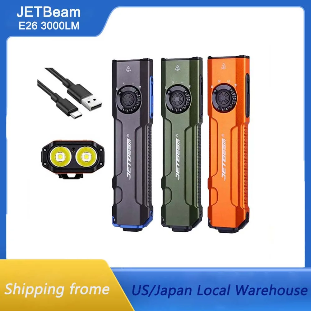 Jetbeam E26 Flat Tactical Flashlight 3000 Lumens USB-C Rechargeable EDC Torch IPX8 Waterproof Aluminum for Camping Hiking