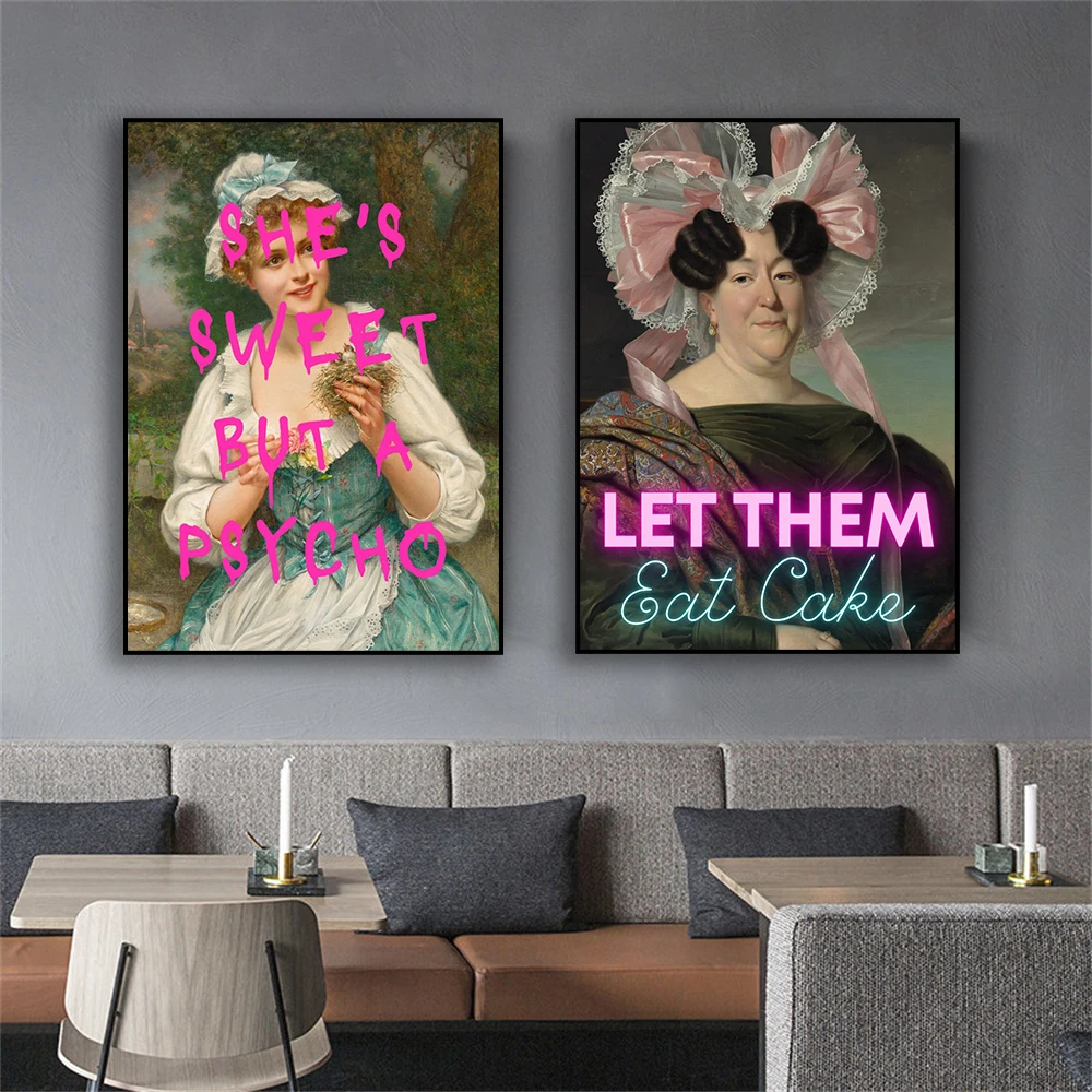 

Funny Let Them Eat Cake Altered Art Poster Decor Maximalist Neon Prints Vintage Portrait Canvas Painting Wall Art Gallery Decor