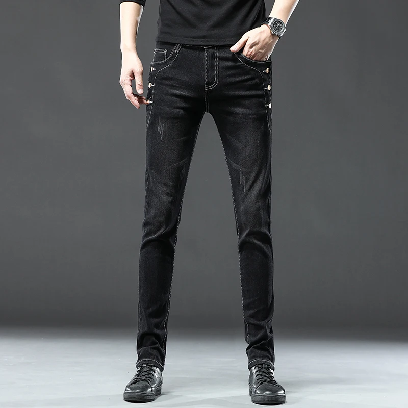 New Men's Skinny Jeans Gray Blue Snow Washed Multiple Buttons Fashion Male Elasticity Straight Slim Denim Trousers Streetwear