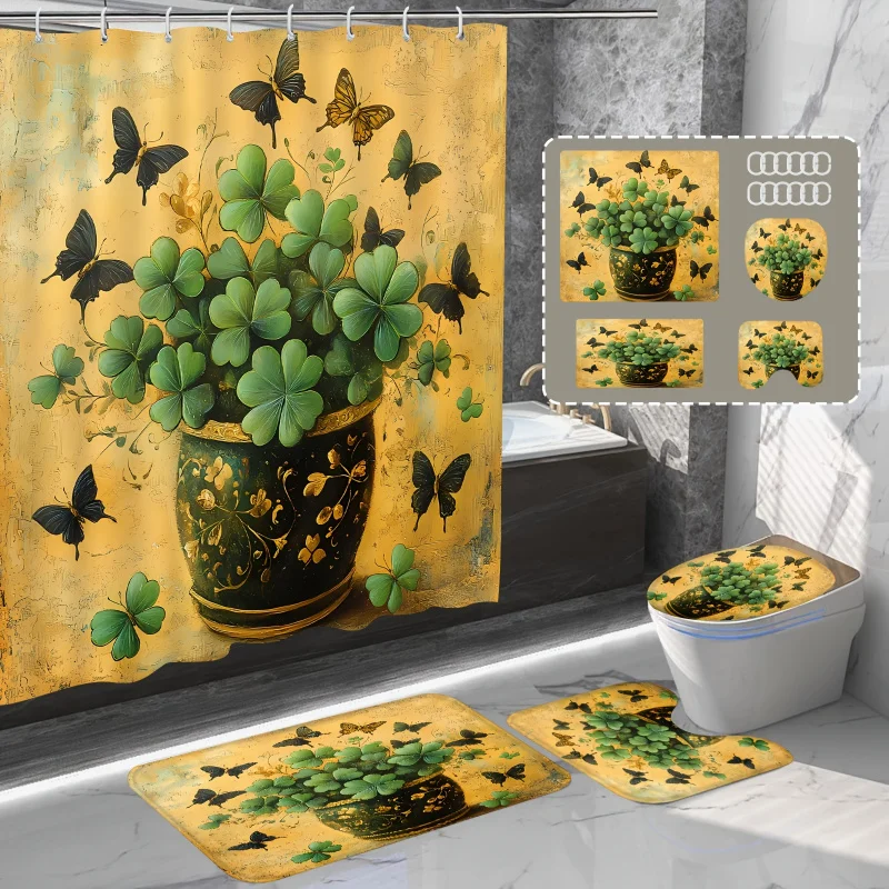 1pc/4pcs St. Patrick's Day Waterproof Shower Curtain, Green Four-leaf Clover Butterfly Pattern, Machine Washable, 12 Plastic Hoo