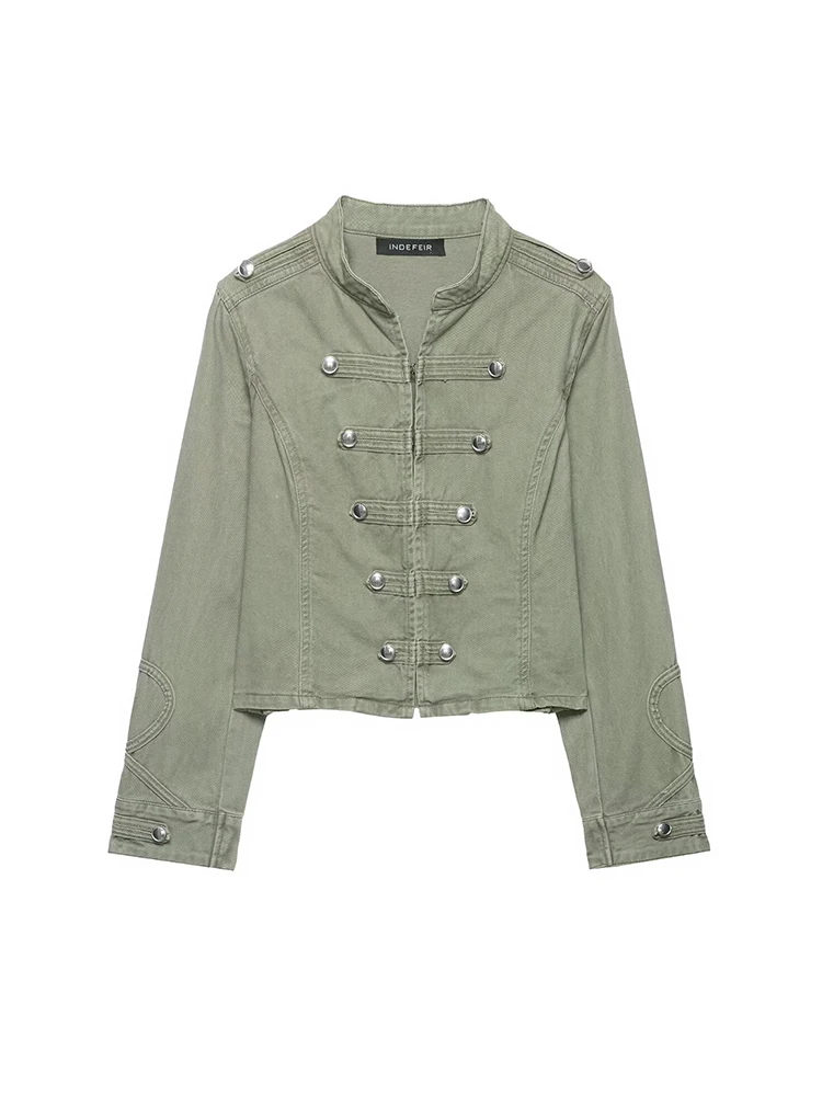 HH  Elegant Autumn Female Military Style Cropped Denim Jacket, Stand Collar Double Breasted Metal Button Long Sleeve Casual Coat view 2
