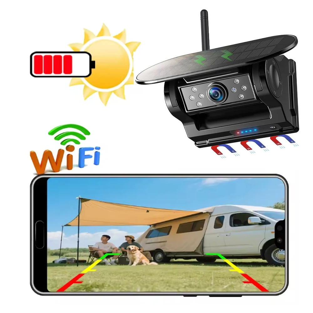 

Wireless WiFi Solar Backup Camera Magnetic Base AI Blind Spot Alarm Backup for IPhone Android Bus Van Truck RV Front Rear View