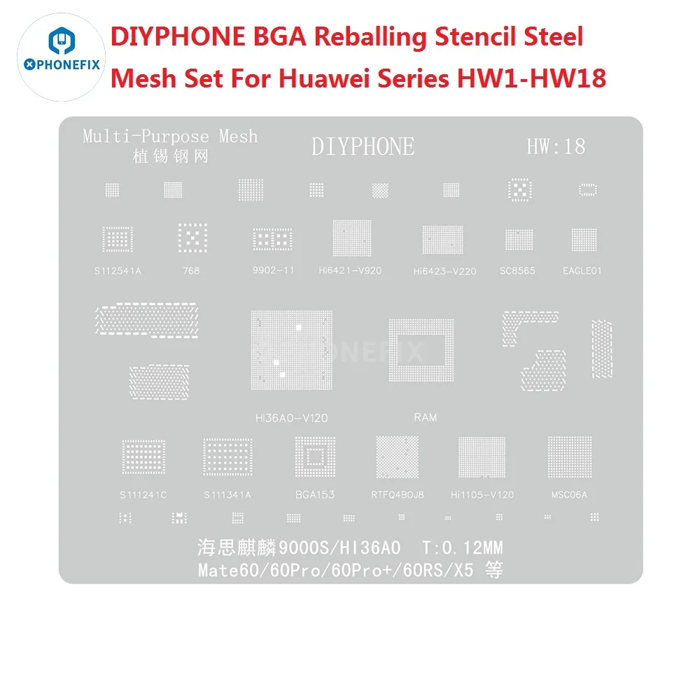 

DIYPHONE HW8 BGA Reballing Stencil Kirin980 Hi3680 For Huawei P30Mate 20Pro 20x 20Rs Honor V20 Magic2 CPU RAM IC Chip Steel Mesh