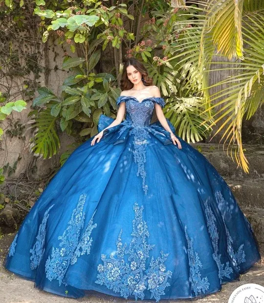 Azul Royal Charro Quinceanera Vestidos Vestido De Baile Fora Do Ombro Tule Apliques Puffy Mexicano Doce 16 Vestidos 15 Anos