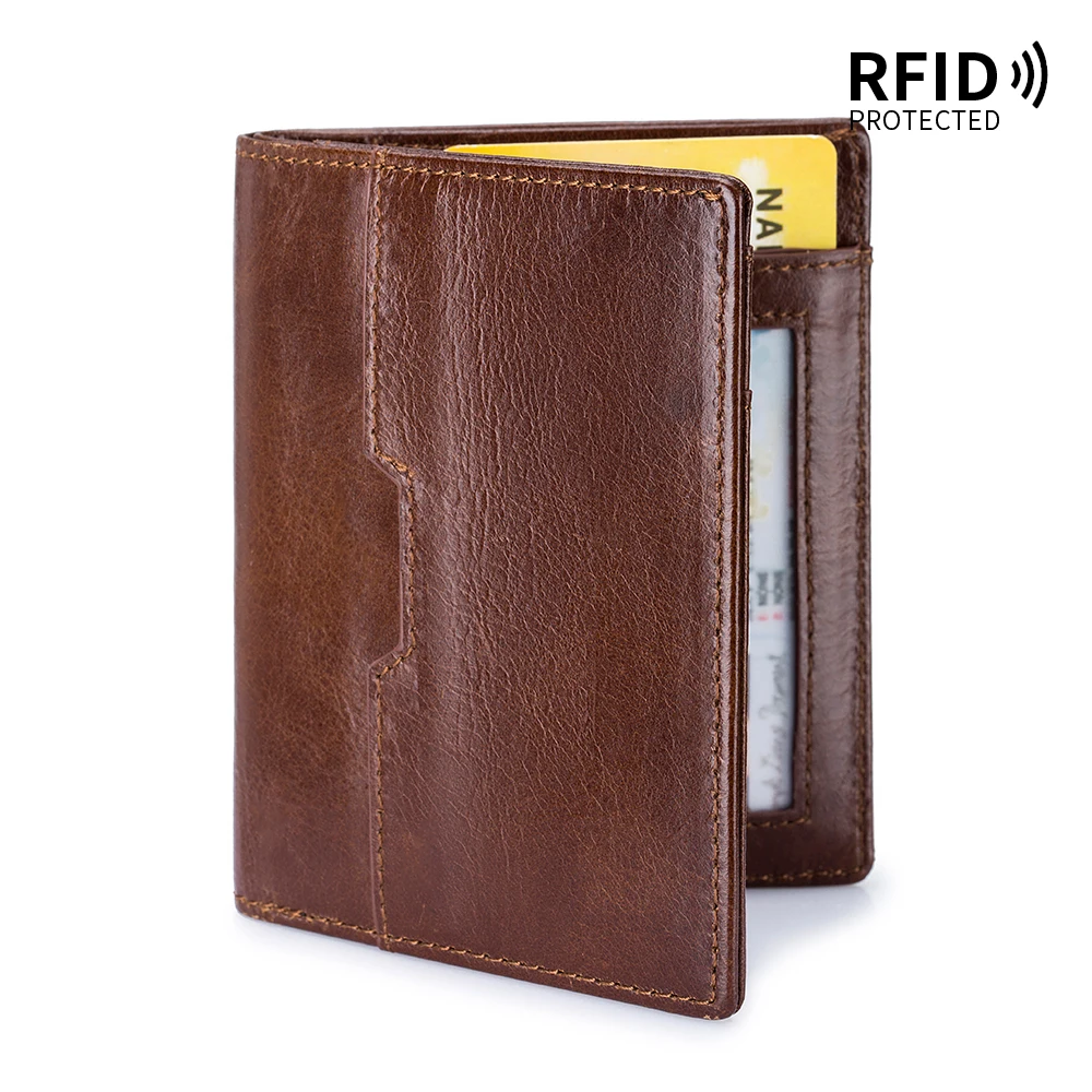 Monedero de cuero fino para hombre, Cartera de piel de vaca con capa de cabeza RFID, paquete de tarjetas ahumadas, novedad