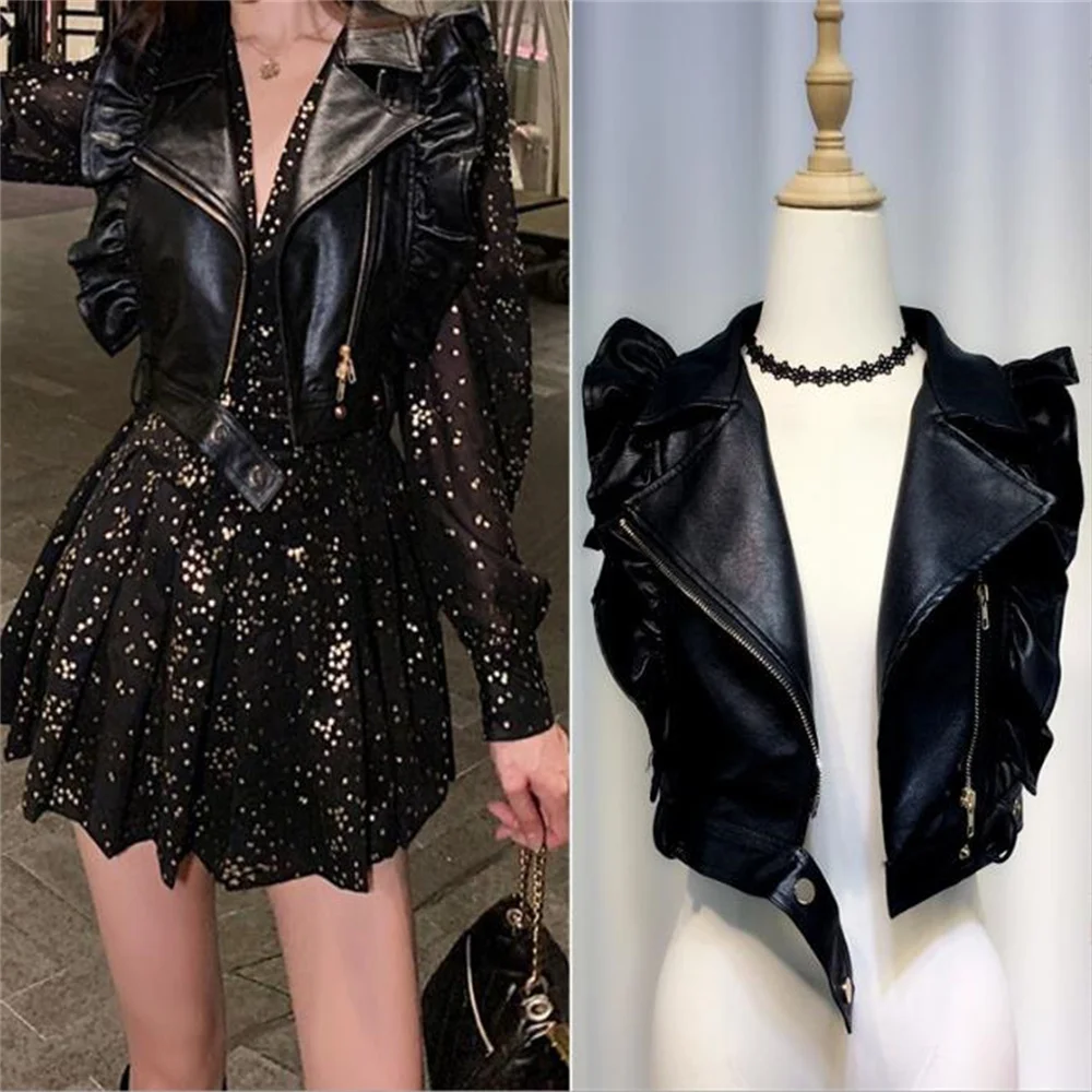 Women's Spring New Fashion Padded Jacket PU Leather Zippered Short black Vest