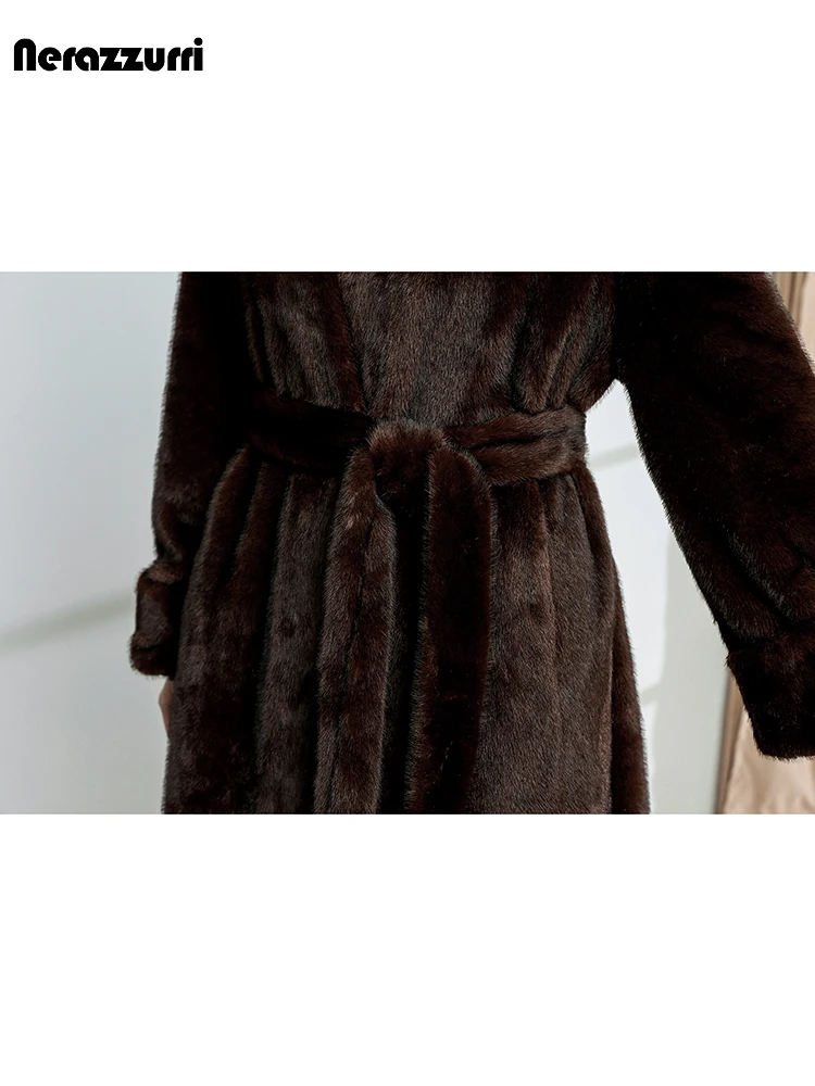 Nerazzurri Winter Long Brown Elegant Luxury Fluffy Faux Mink Fur Coat Women with V Neck Sashes Loose Stylish Furry Overcoat 2023