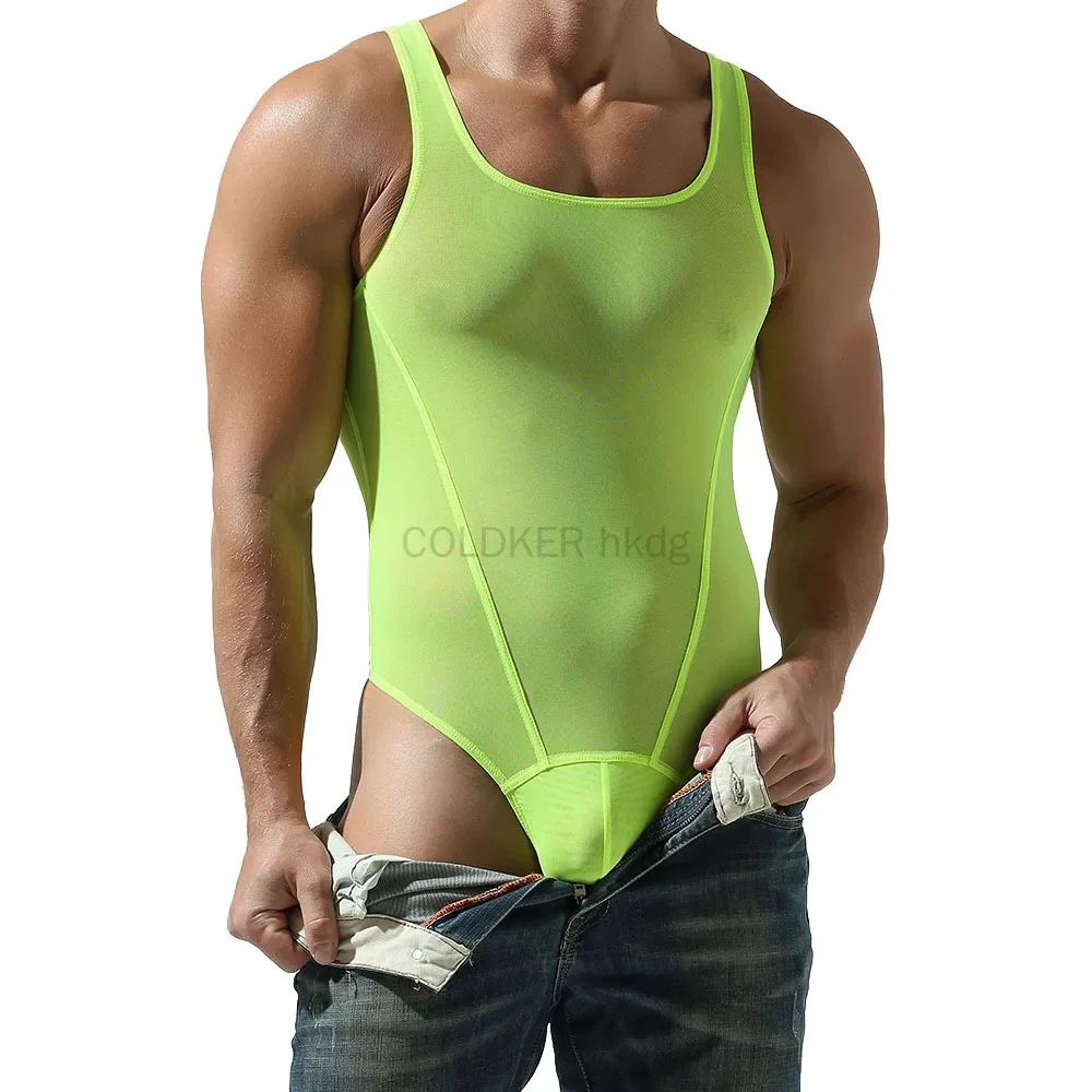

Men Bodysuit Underwear Mesh Light Green Sleeveless Homewear See Through Thin Romper 2025 Breathable Sexy Men Bodysuit