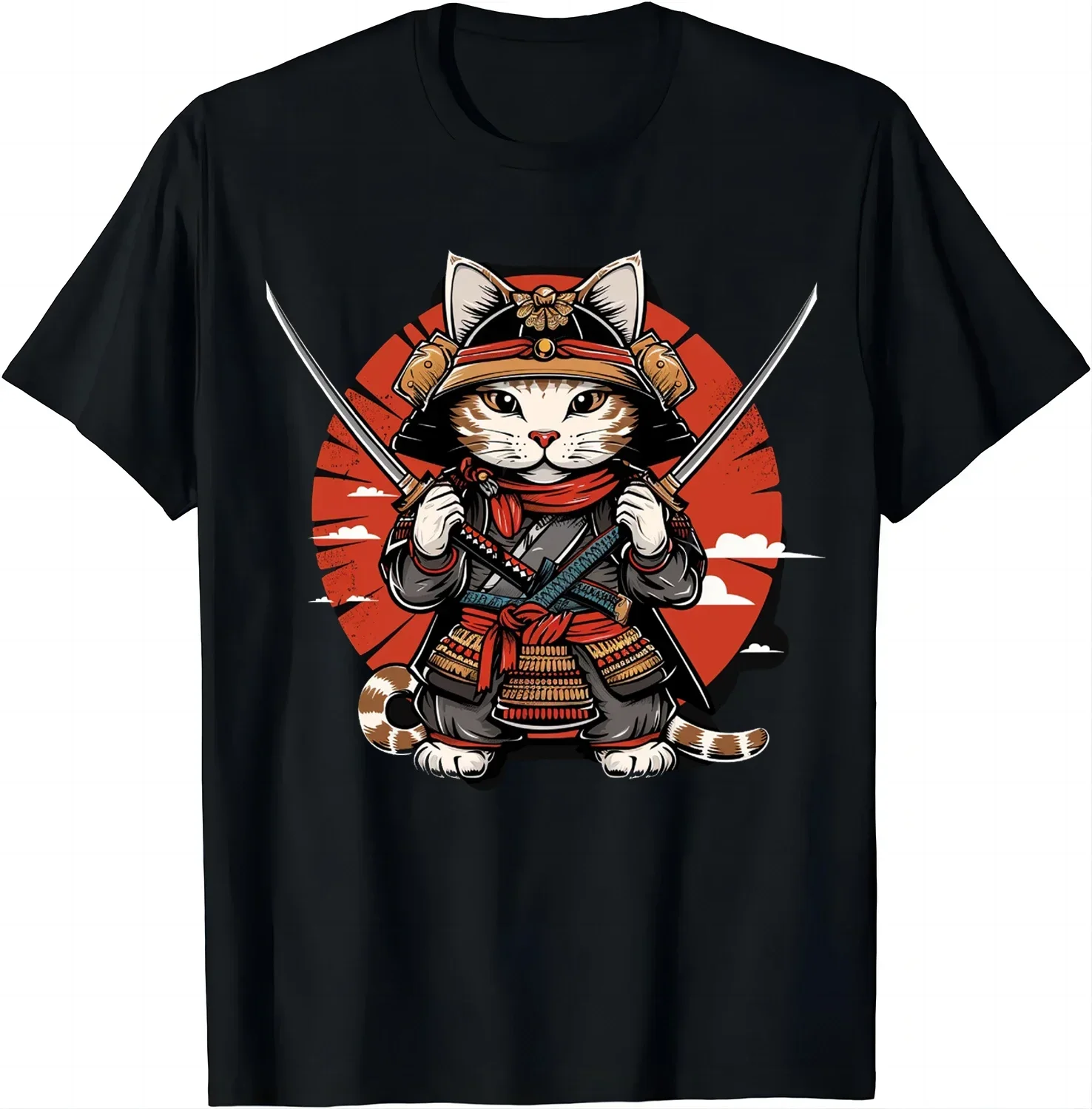 Camiseta con estampado de gato samurái japonés para mujer, ropa informal fresca de calle con estampado de gato Ninja Kawaii, Top