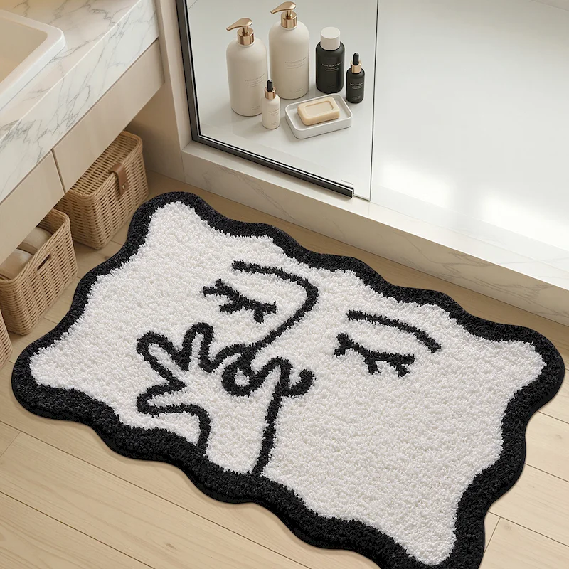VIKAMA Abstract Lines Wave Edge Bath Mat Soft Water Absorbing Anti slip Carpet Minimalist Black and White Carpet Home Decoration