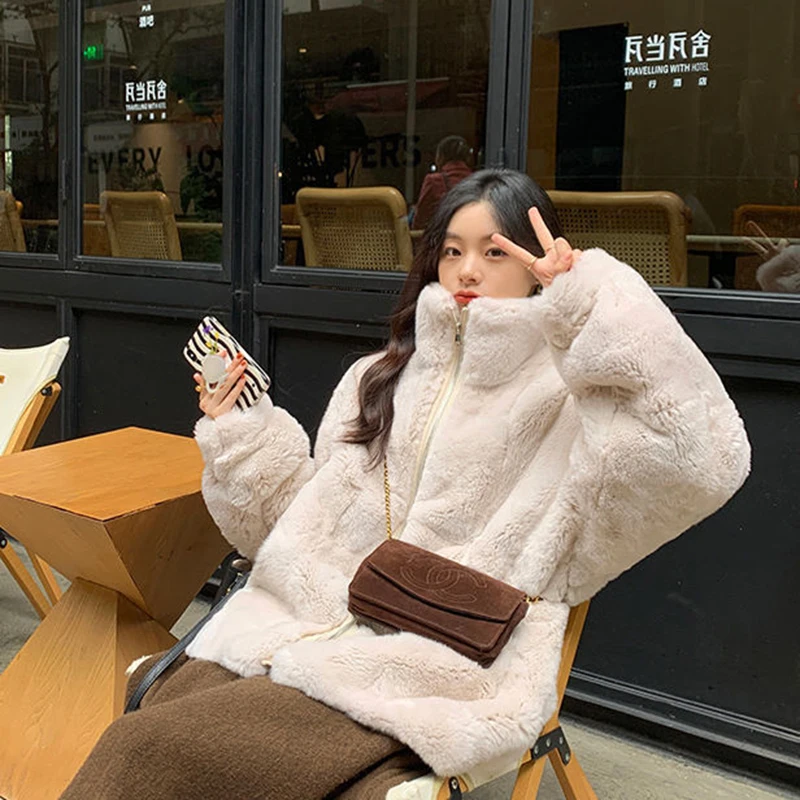 2025 여성 가을 겨울 신상 마오 플러시 재킷 캐주얼 스포츠 다용도 두꺼운 따뜻한 오버코트 인조 렉스 토끼털 코트