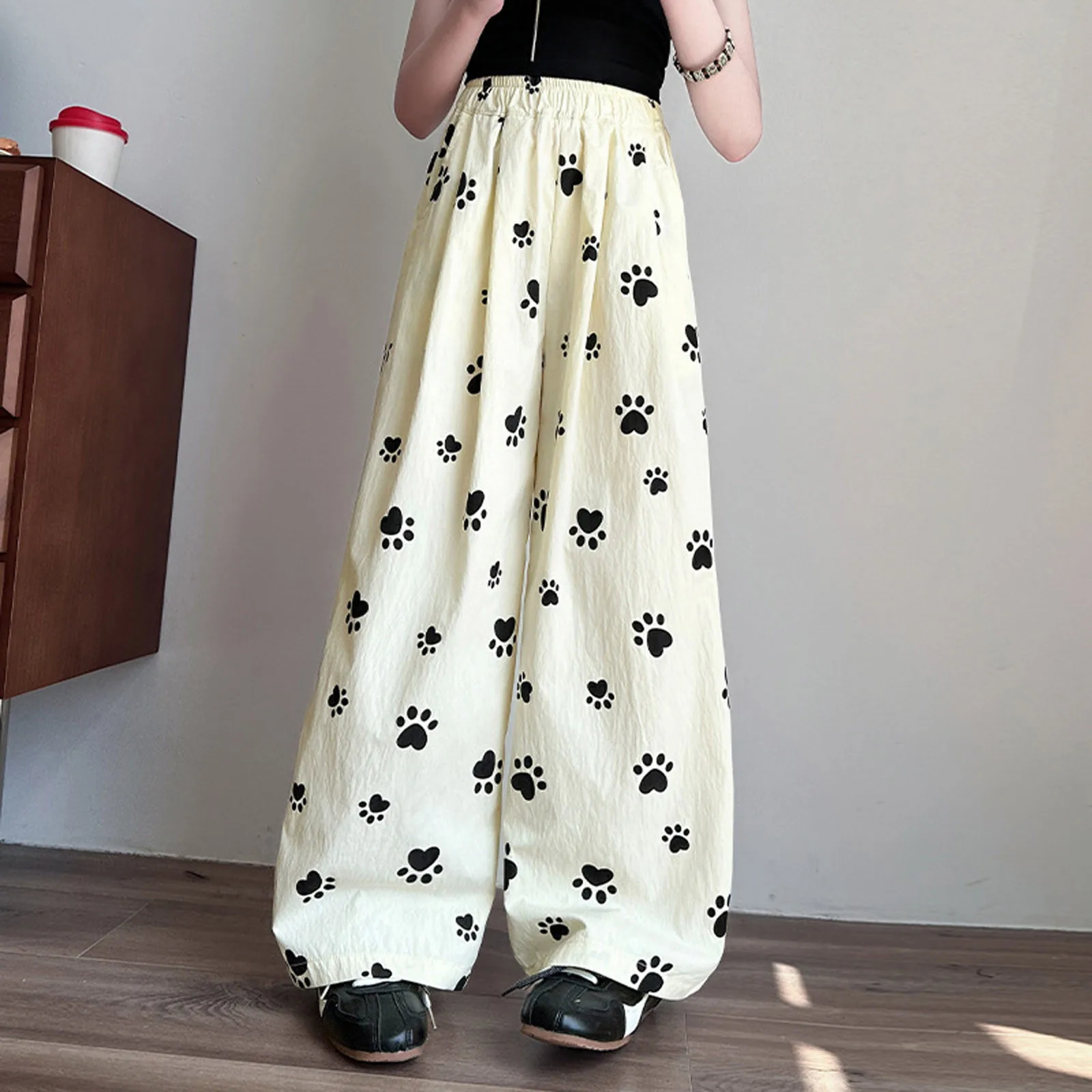 

Summer Teen Kids Korea Casual Elastic Waist Relaxed-Fit Pants 2025 Female Sweet Style Irregular Dog Feet Print Wide-Leg Pants