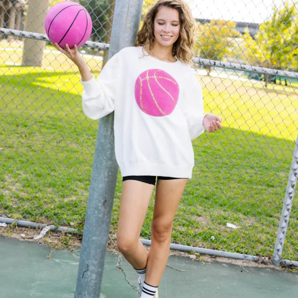 Sudadera con lentejuelas para mujer, Jersey holgado informal de manga larga con cuello redondo, jersey de baloncesto a la moda, primavera y otoño, 2024