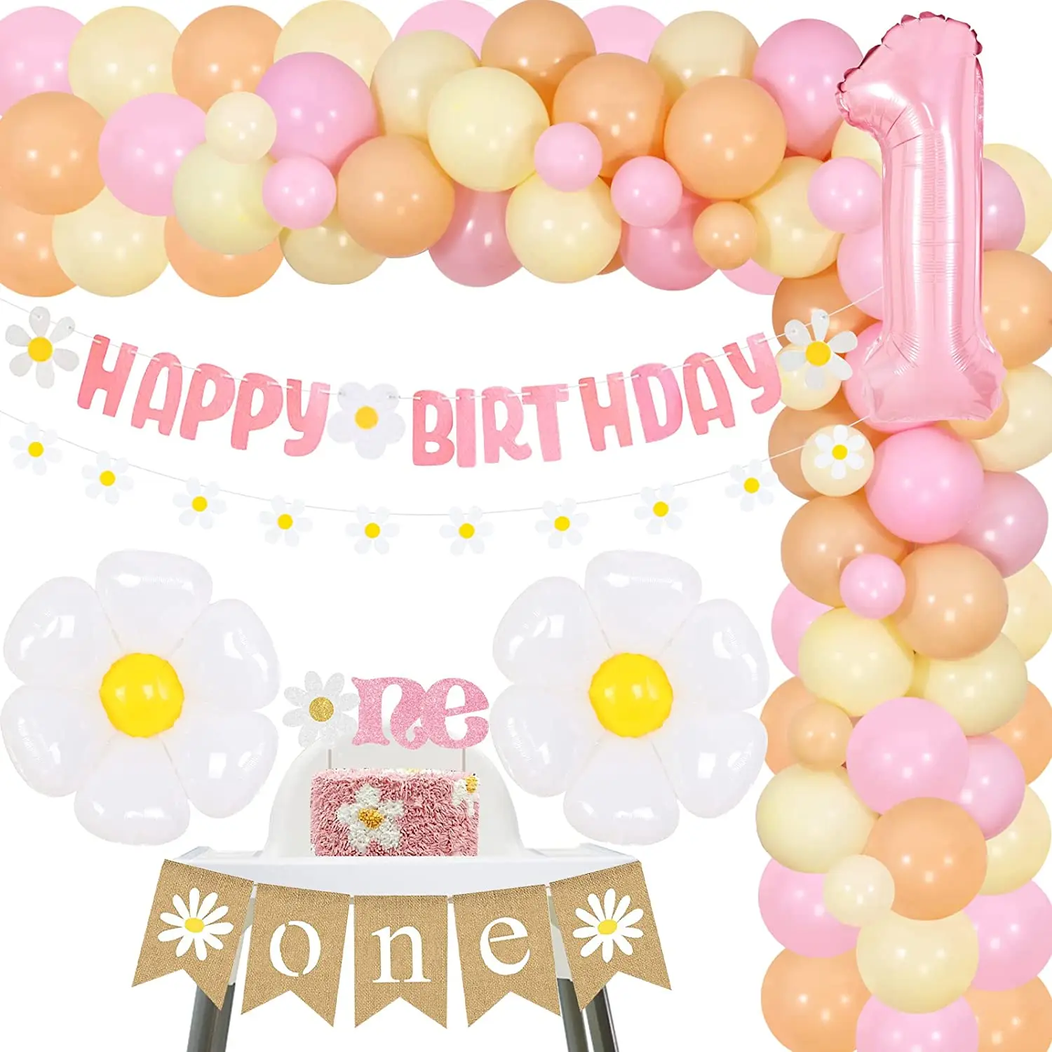 

Groovy Daisy Themed 1st Birthday Decorations for Girls Daisy Party Balloon Garland Kit Flower Birthday Banner One Cake Topper