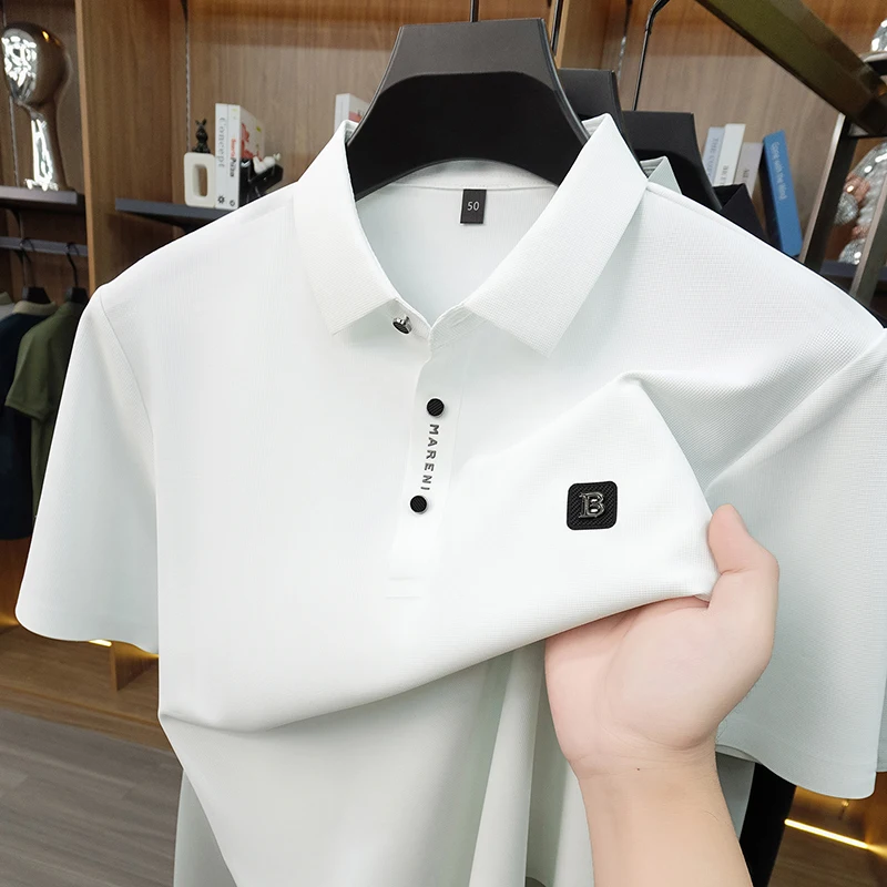 Fashion letter embossed short sleeve polo shirt high-end brand summer ice silk breathable T-shirt casual luxury new men's wear - Image 3