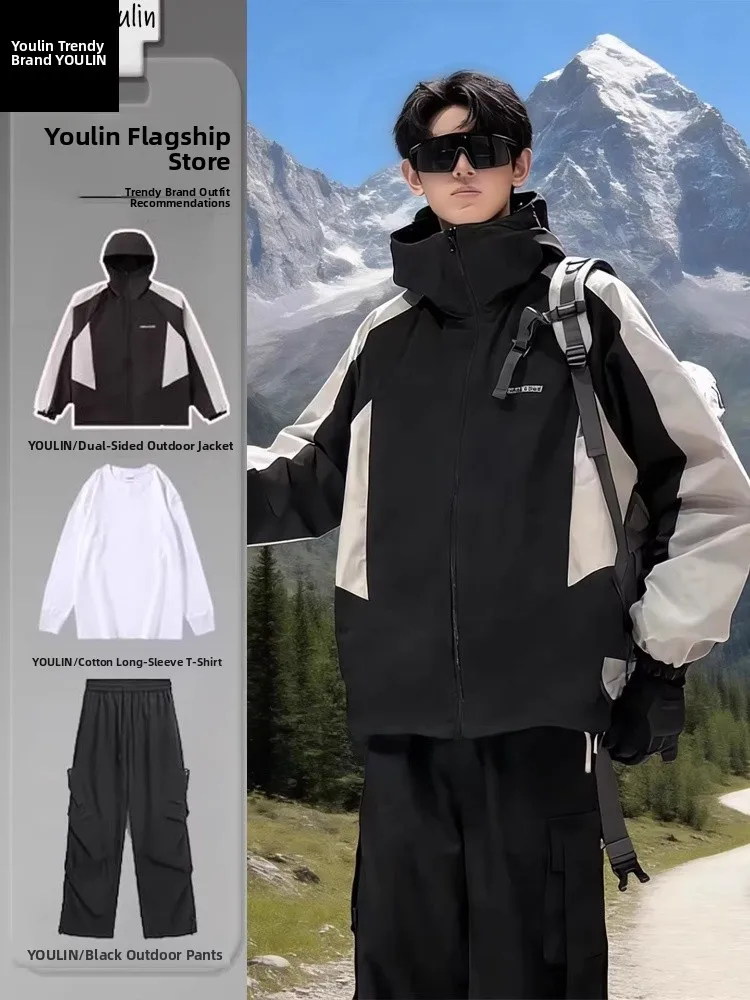 

Double-Sided American Sle Waterproof Outdoor Climbing Suit Men's Cool Casual Sportswear Hooded Jaet And Pants Set