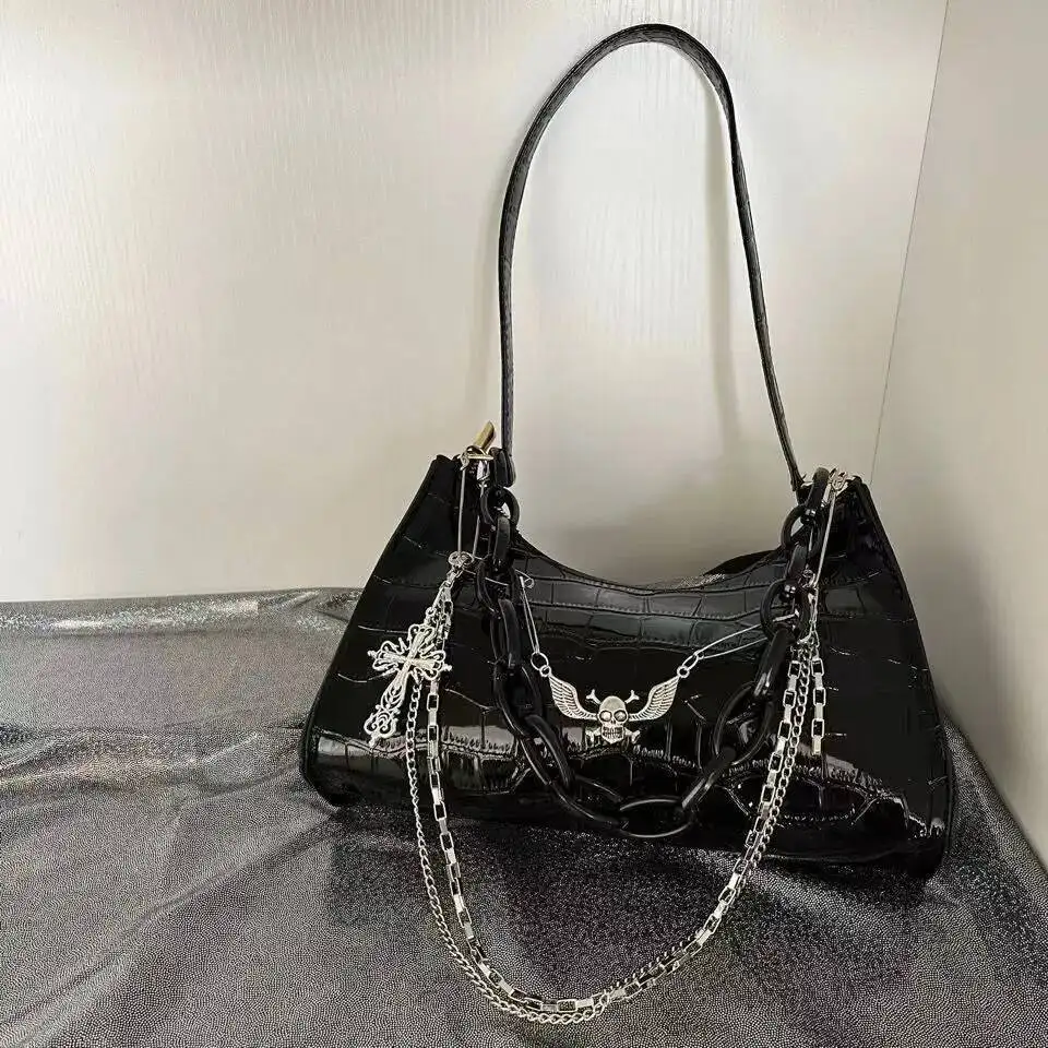 

Bloom Subcultural Cross Y2k Bags Women Gothic Crocodile Pattern Black Crossbody Ladies Dark Punk Handbag Underarm Bag Chic