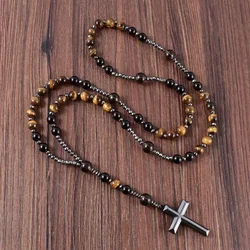 Natural Tiger Eye Stone Catholic Christ Rosary Car Hanging Ornament For Women Men Hematite Cross Pendant Mala Jewelry