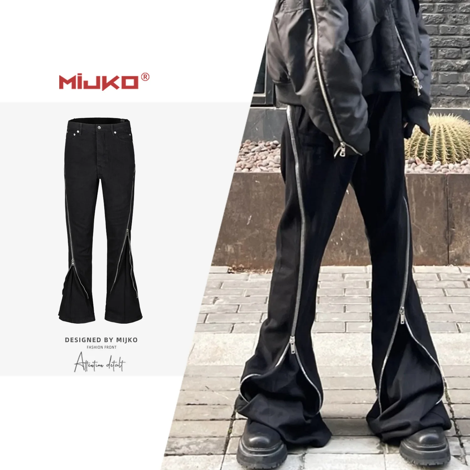 

MIJKO Unisex VIBE Wide Leg Long Pants Fashion Spiral Track Large Zipper Jeans TJ005