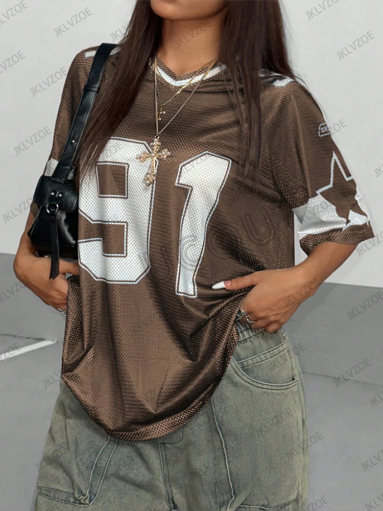 T-shirt oversize per donna manica corta estate patchwork verde velocità 91 stampa casual scollo a V magliette sport maglia da calcio Y2k Top