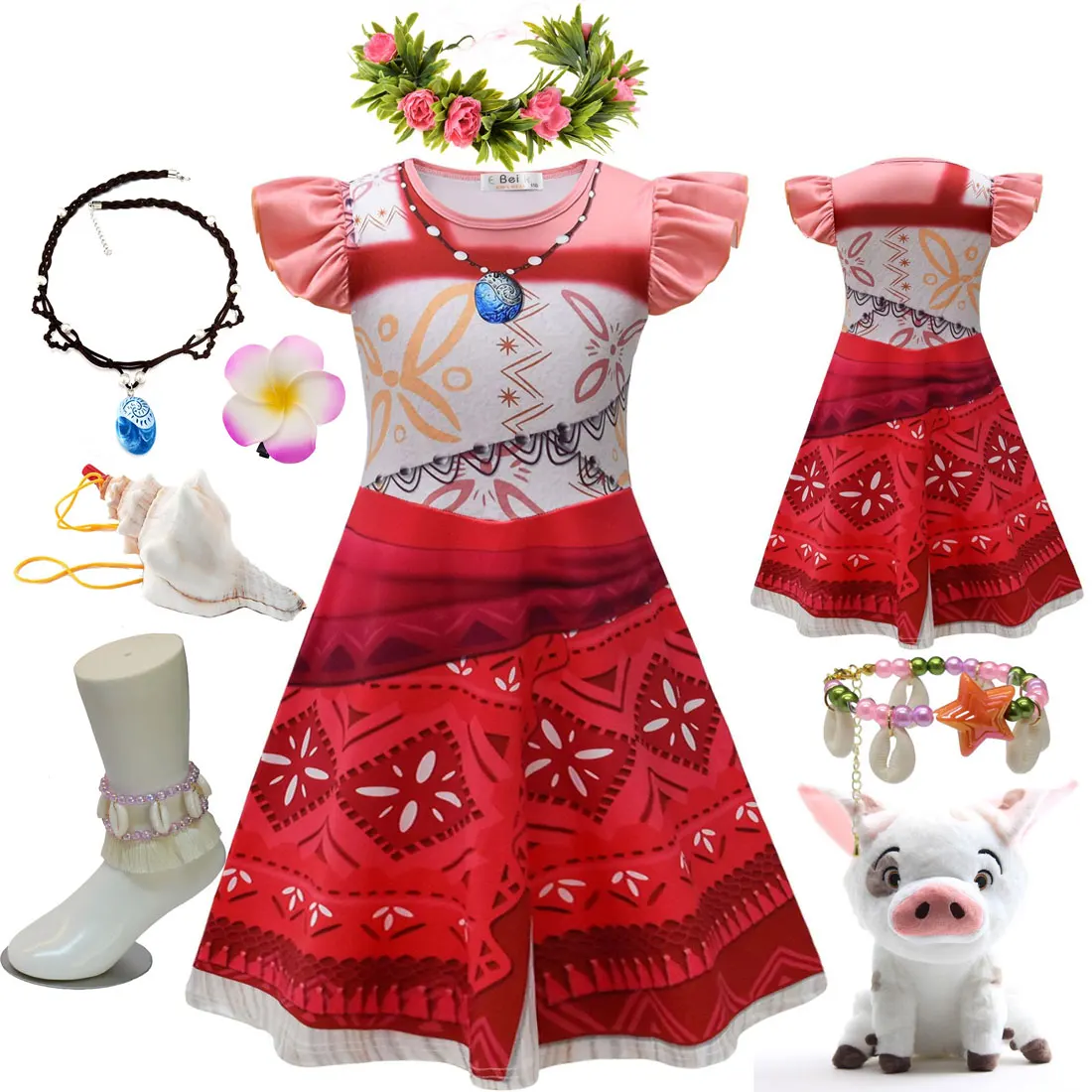 Christmas Holiday Party Girls Party Gift Costume Disney New Moana Movie Moana 2 Same Princess Short-Sleeved Dress + Accessories