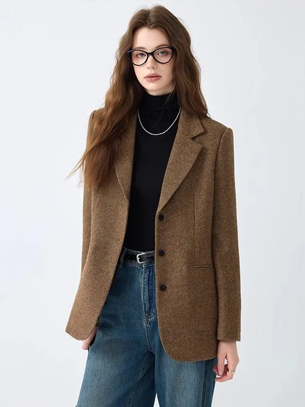 Caramel Woolen Suit Jacket Women's Autumn Winter New Small Size High End Casual Ladies' Suit Top Button Style Commute Friendly